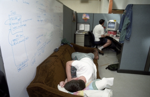 Despite the heavy doses of Caffeine, the lack of sleep and 24 hour programming sessions eventually take their toll on the Visto employees.