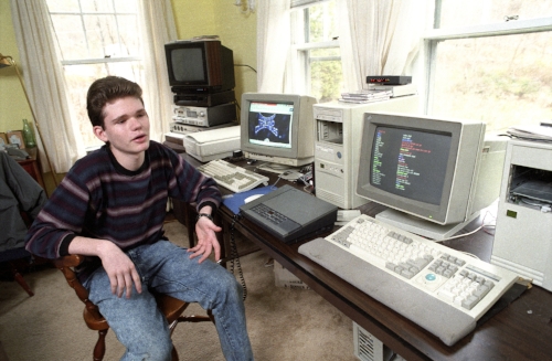 Dan Parsons a 14 year old internet guru who built the computer (right of photo) which acts as the internet service provider for his clients. He says that has no problems balancing his homework with his internet business. 