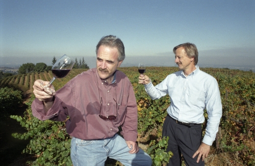 Peter Granoff (right) and Robert Olson of Virtualvin.com (based in Palo Alto, CA) at one of their suppliers' vineyards outside Palo Alto. Granoff's wine expertise and Olson's Silicon Valley background have combined well to create one of the most impressive and most efficient services on the internet. 