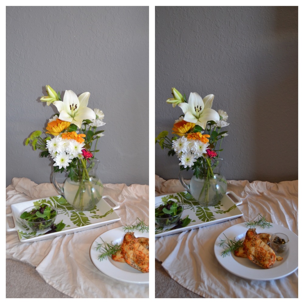 This photo was actually taken with my fancy camera, however, I wanted to illustrate the example of flash vs. natural light. ( I couldn't find any past artificial light photos from my iPhone because I had deleted them all!) On the left is this photo with a flash- notice how the chicken in the foreground and the flowers in the back look washed out and almost reflective. 