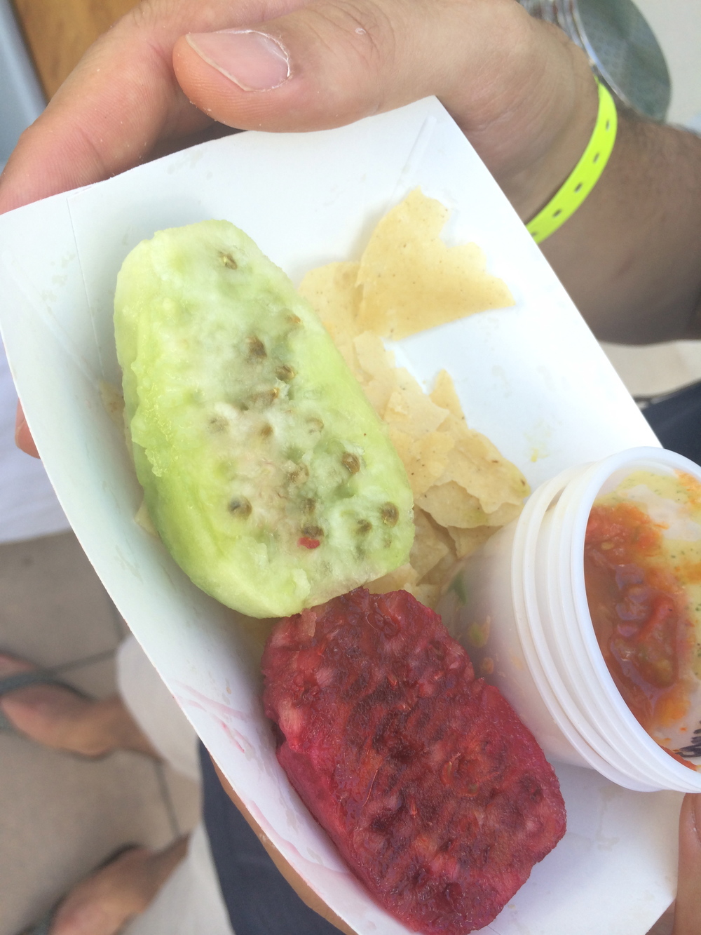 Prickly pear fruit from a cats comes in both green and red. The red version is slightly sweeter. 