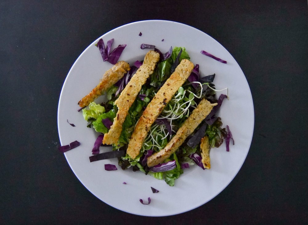 Seared Sunflower Tempeh salad with Ginger-Miso Dressing