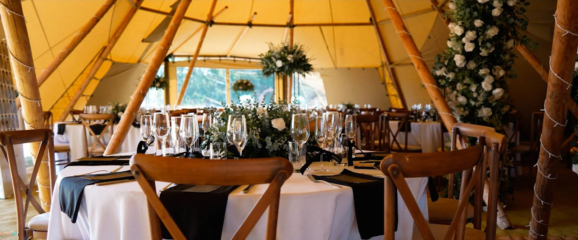 Wedding reception inside Tipis at Bertie's Barn