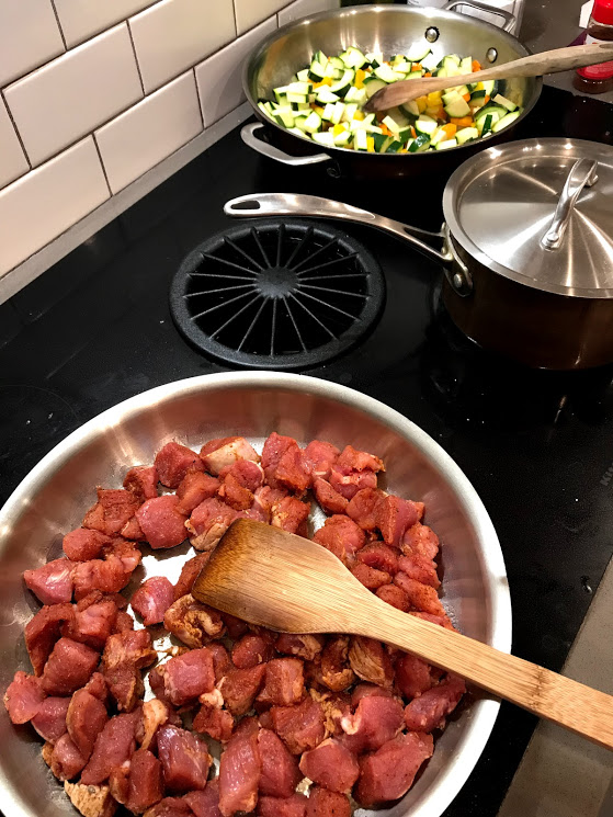 Here is everything at once. I was also making basic white rice for my family because they aren't super fans of cauliflower rice. I like Whole30 dinners where I can easily and without much additional effort, make changes my family will eat. 