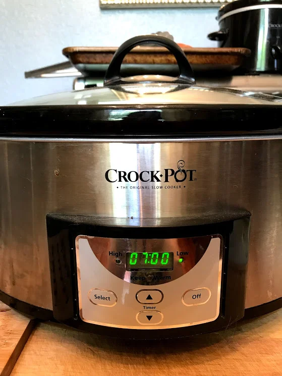 I did LOW for 7 hours. If you are a good spotter, you can see that this was made during our kitchen renovation, it is that easy to get dinner done!