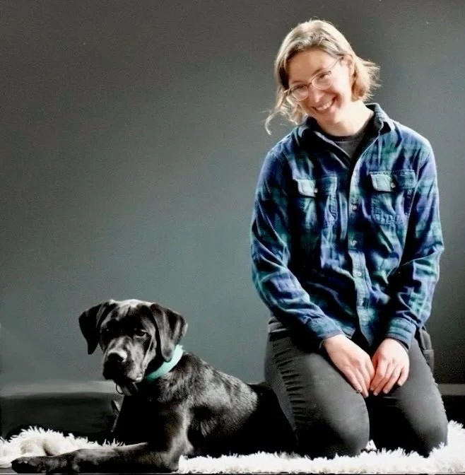 Head of Training Jeanette with a puppy boarder in Far Fetched Acres 