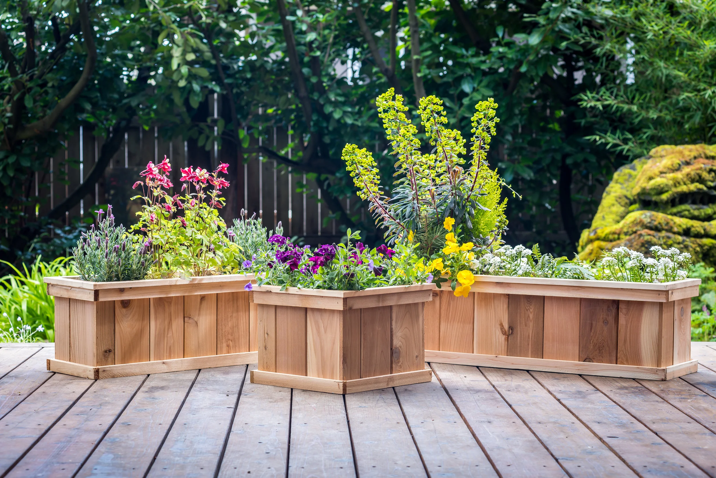 deck mate series of cedar planters 40”, 30” and 16”