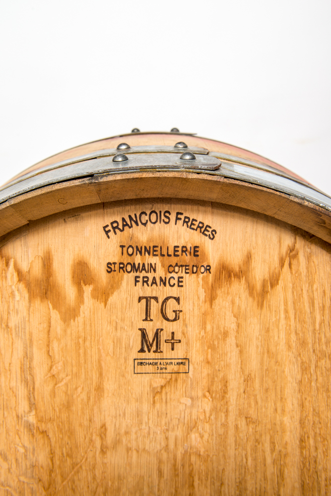  closeup of label on wine barrel 