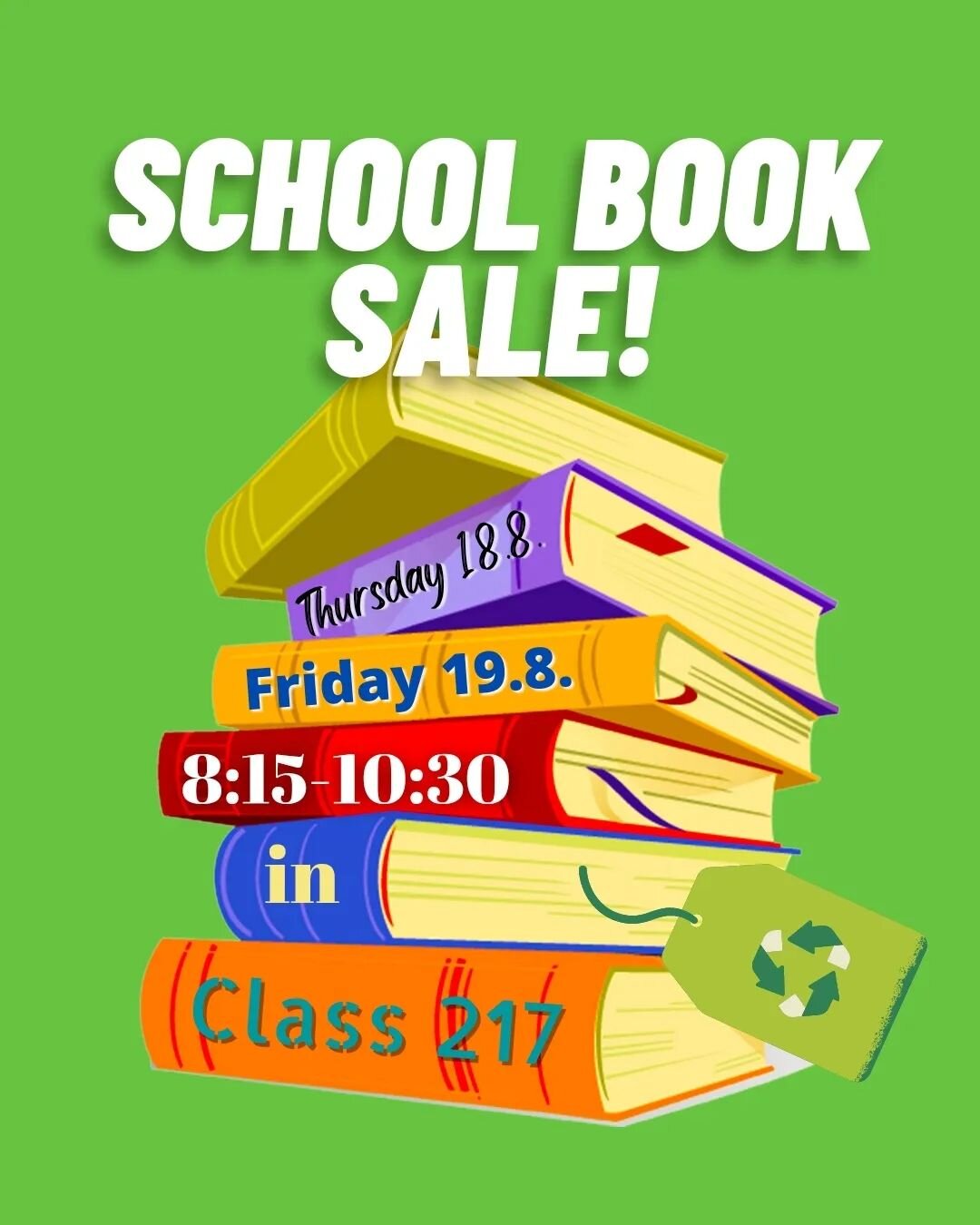 📚♻️ SCHOOL BOOK SALE ♻️📚

Don't miss the Schoolbook Recycling on Thursday and Friday at 8:15-10:30 in class 217 - it's an opportunity to help save the environment and your money!

ESH se lance le d&eacute;fi de recycler un maximum de livres scolair