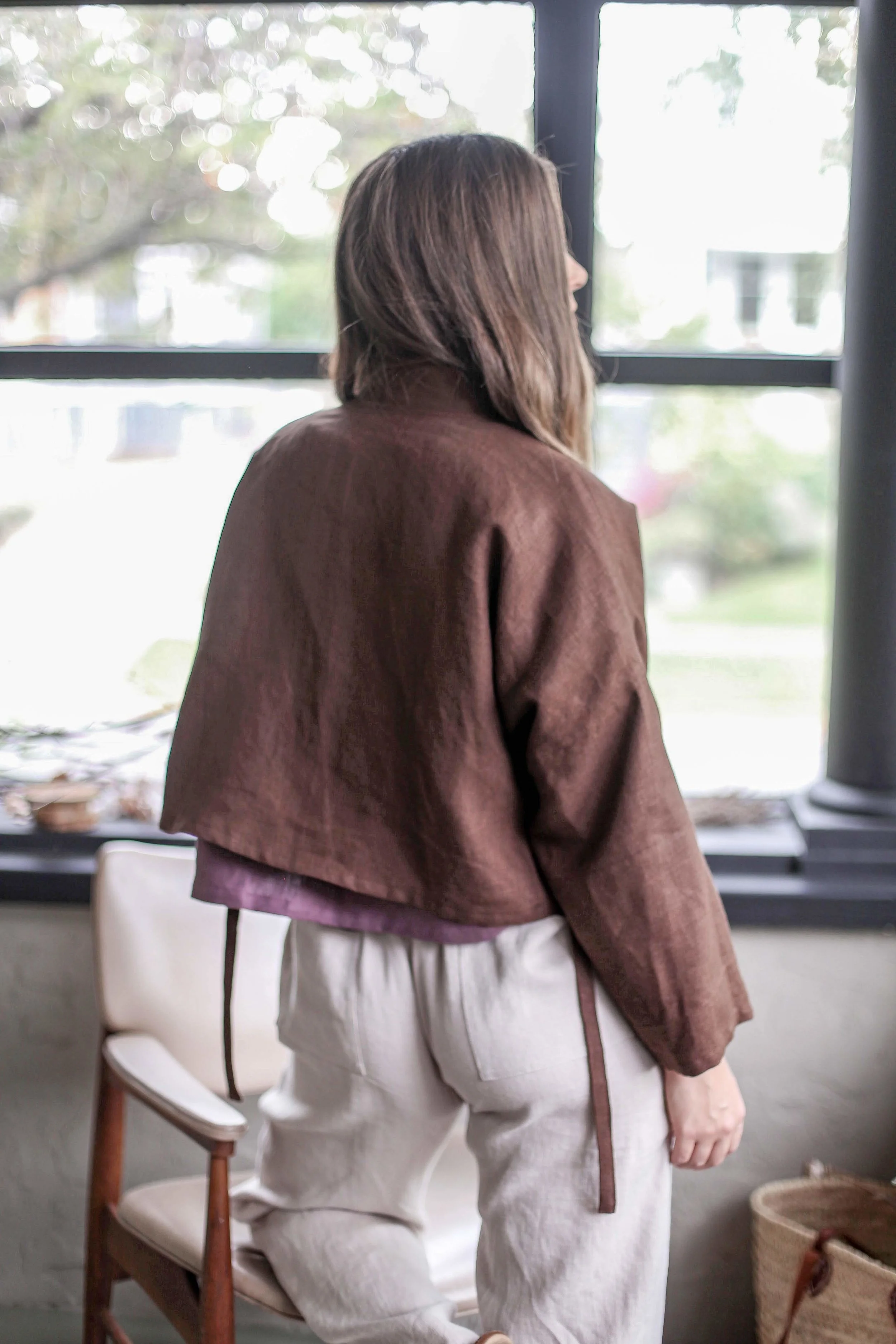 Handmade natural linen clothing by Nomi Designs in Victoria, BC | chocolate brown linen wrap jacket paired with linen lounge pants