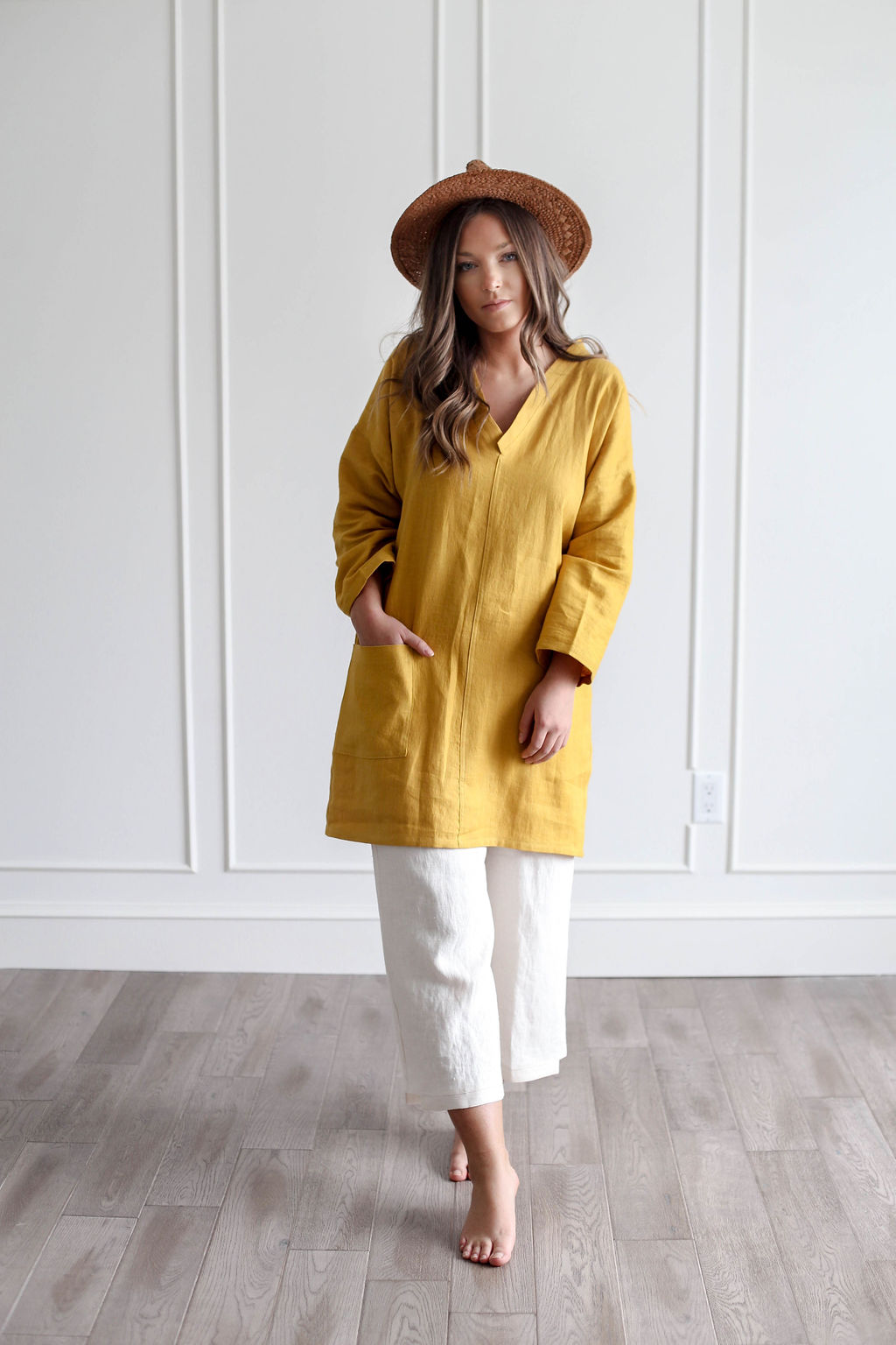 Nomi Designs | Linen Tunic in Cheddar over linen pants.jpg