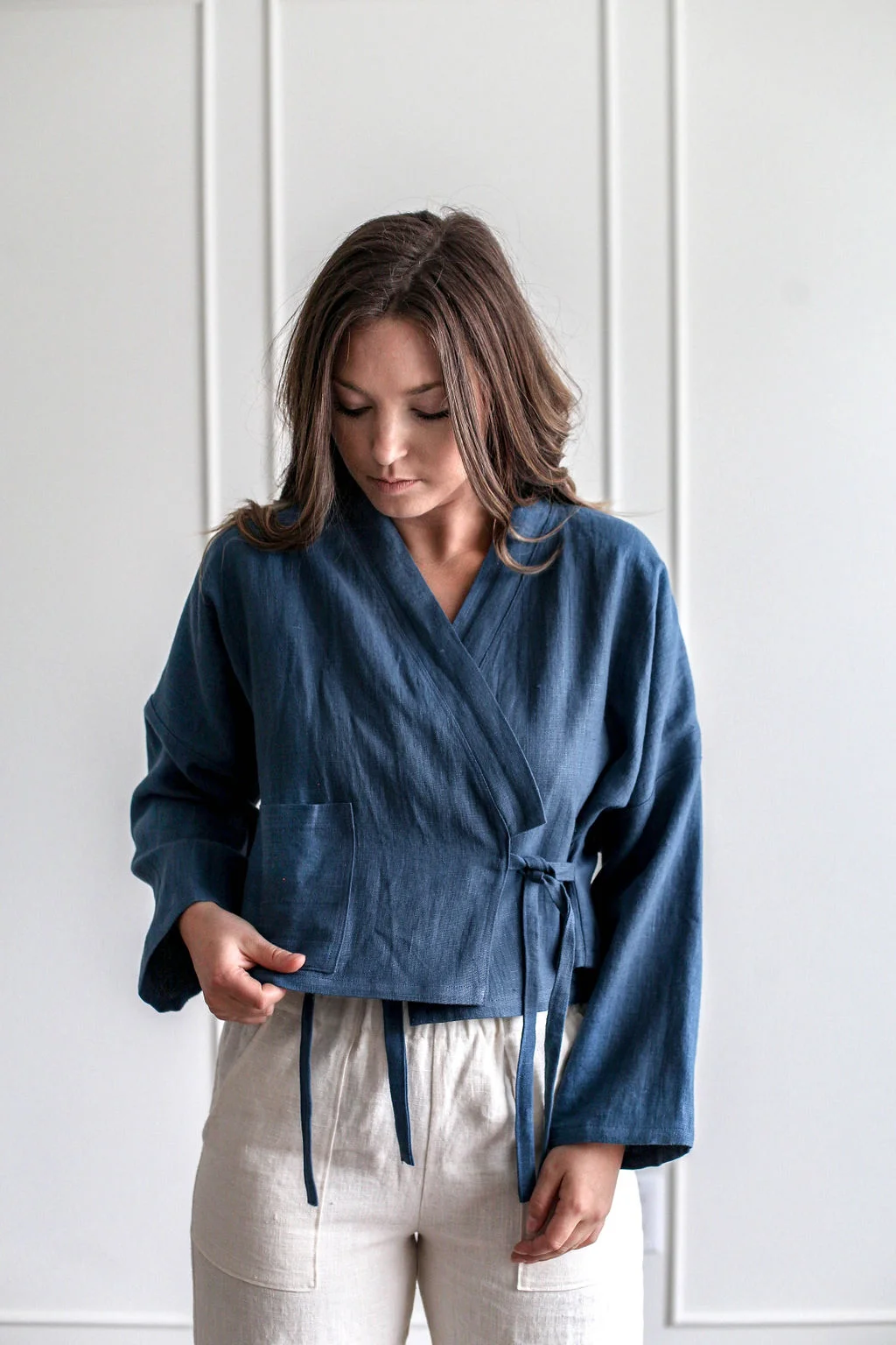Handmade natural linen clothing by Nomi Designs in Victoria, BC | Indigo linen wrap jacket - front details