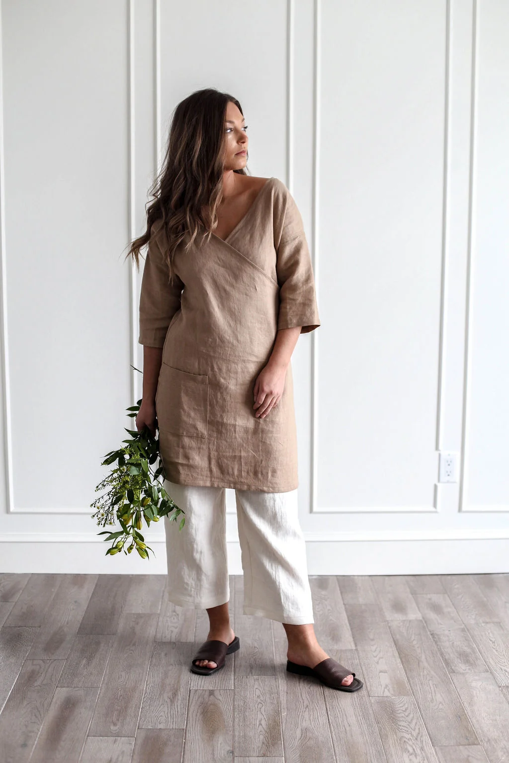 Handmade natural linen clothing by Nomi Designs in Victoria, BC | black linen 3/4 sleeve mid length dress tunic - front