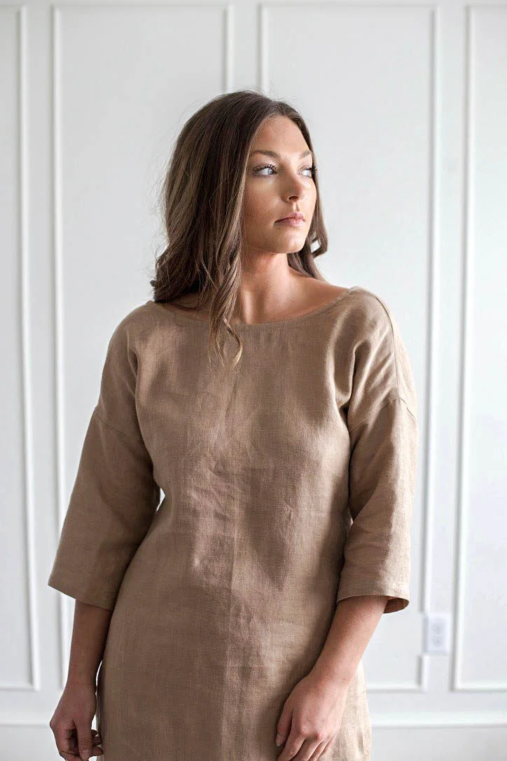 Handmade natural linen clothing by Nomi Designs in Victoria, BC | black linen 3/4 sleeve mid length dress tunic - front