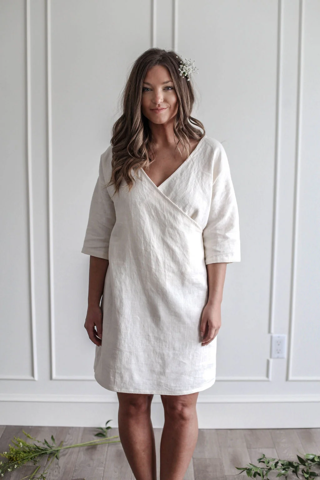 Handmade natural linen clothing by Nomi Designs in Victoria, BC | Ivory linen 3/4 sleeve mid length dress tunic - front