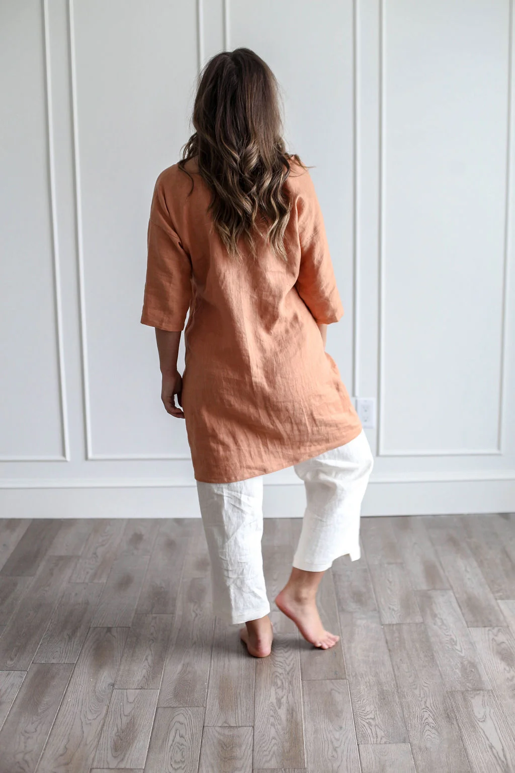 Handmade natural linen clothing by Nomi Designs in Victoria, BC | peach linen 3/4 sleeve mid length dress tunic - front