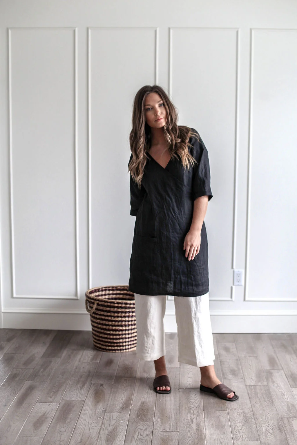 Handmade natural linen clothing by Nomi Designs in Victoria, BC | black linen 3/4 sleeve mid length dress tunic - front
