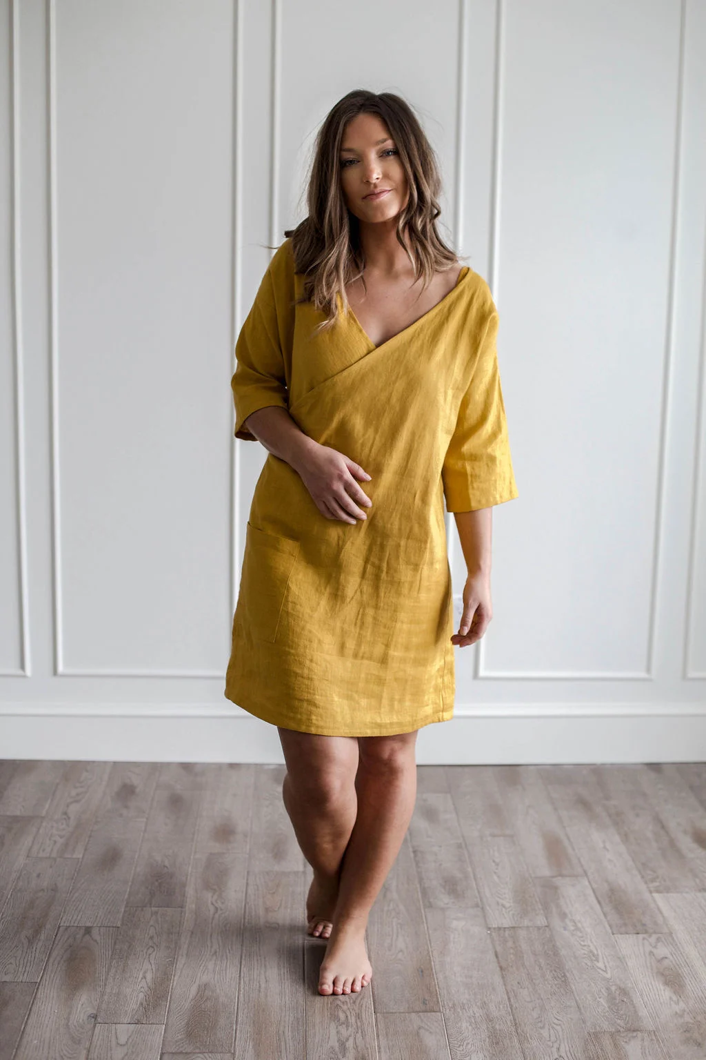 Handsewn reversible knee length linen tunic in cheddar