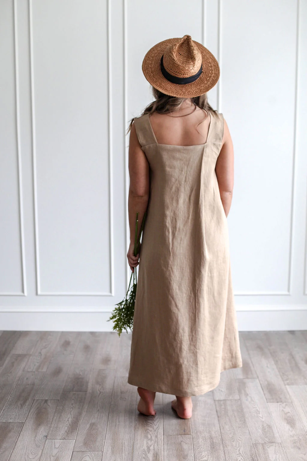 Handmade natural linen clothing by Nomi Designs in Victoria, BC | Camel linen sleeveless maxi dress - Back