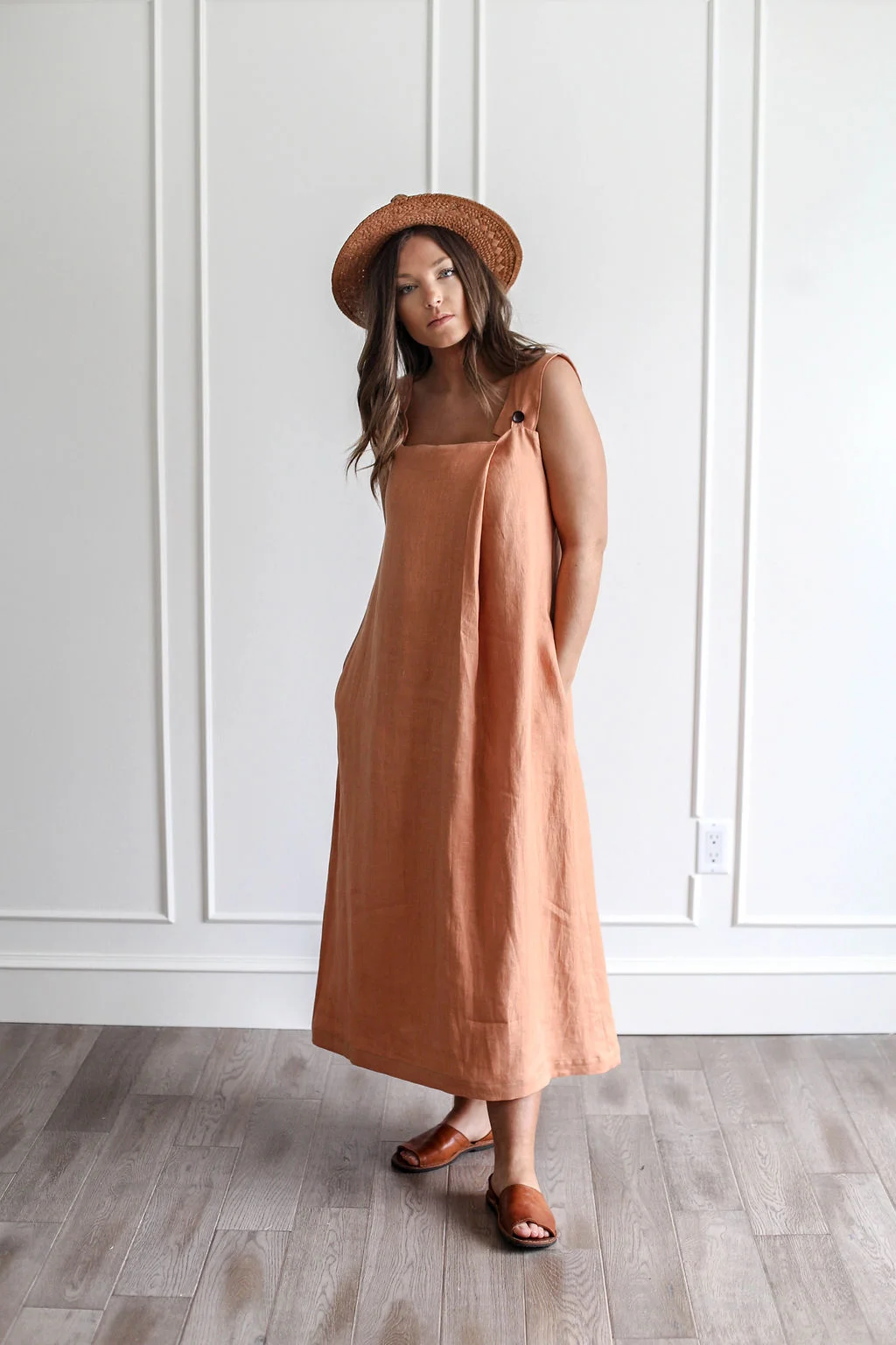 Handmade natural linen clothing by Nomi Designs in Victoria, BC | Peach linen sleeveless maxi dress - Front