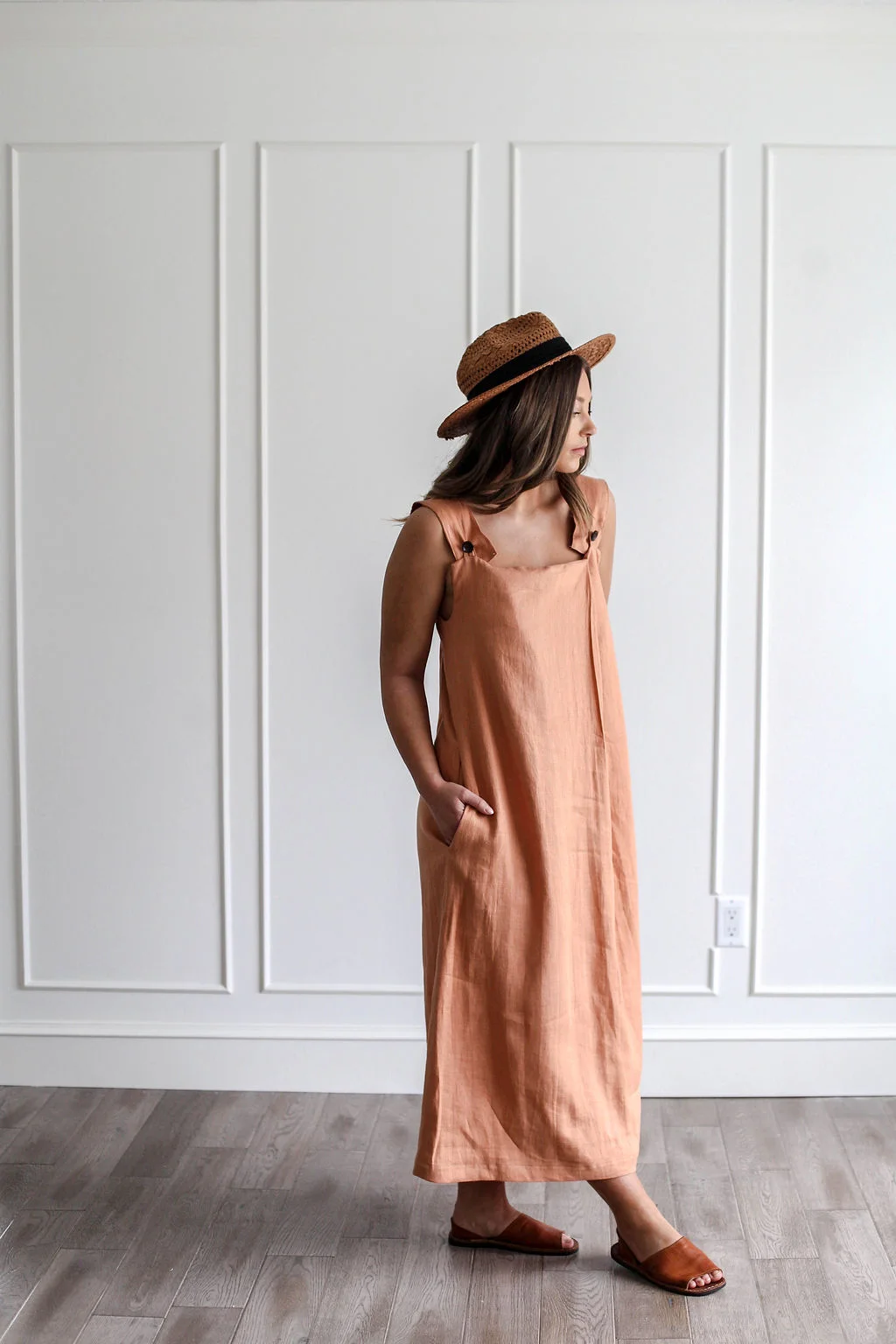 Handmade natural linen clothing by Nomi Designs in Victoria, BC | Peach linen sleeveless maxi dress - Front
