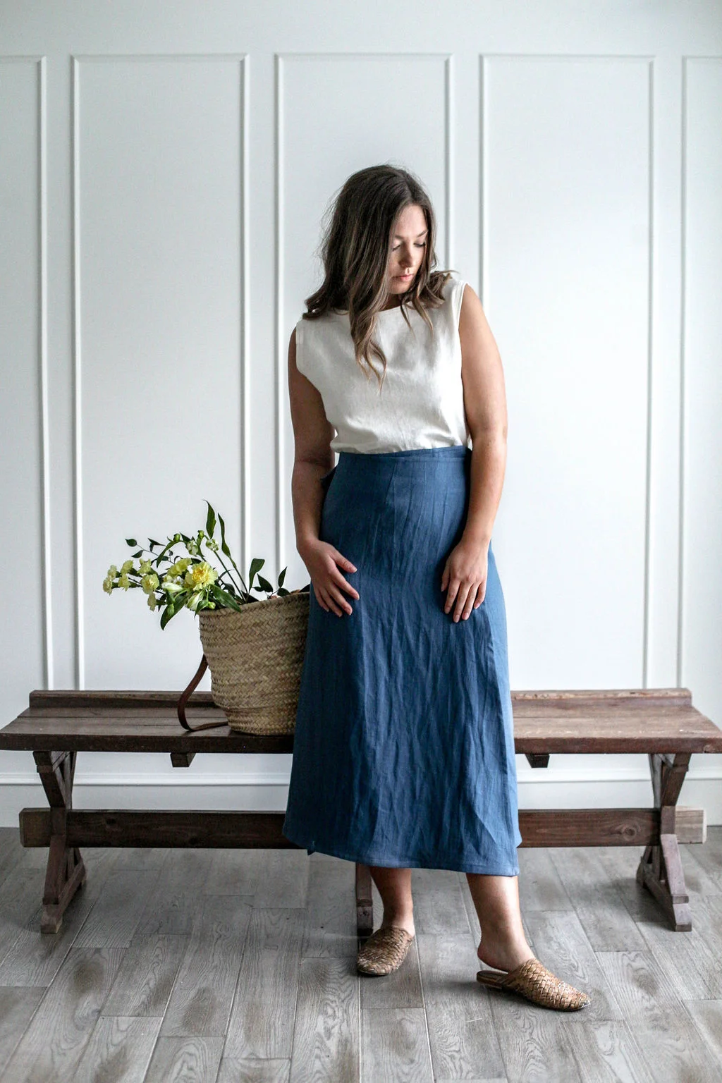 Handmade natural linen clothing by Nomi Designs in Victoria, BC | warm forest green ankle grazing wrap skirt - side tie details