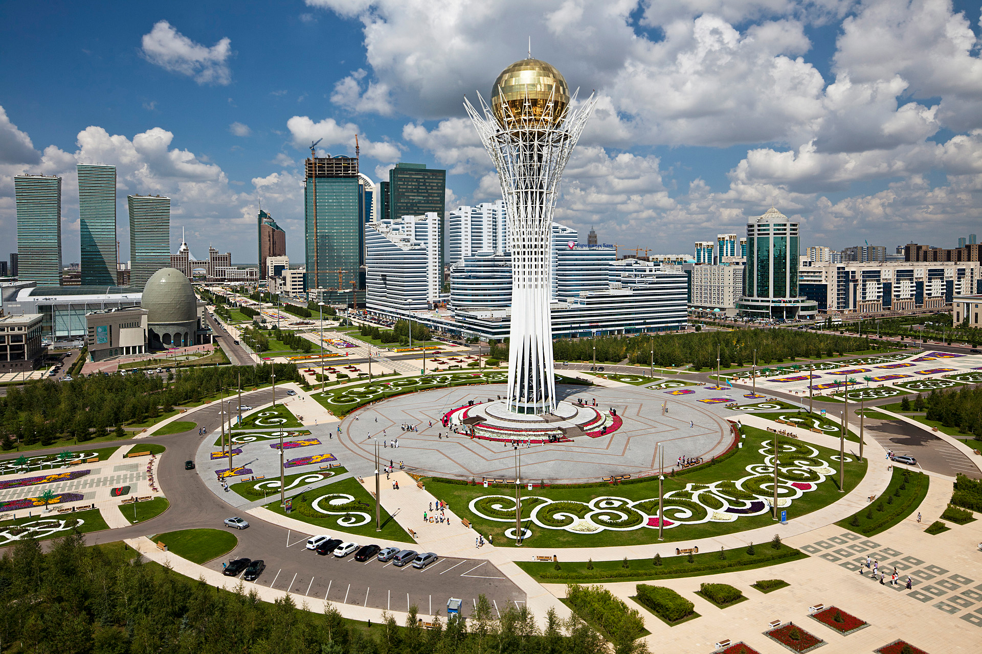  The Baiterek, towers over Astana's central promenade. Intended as a symbol of the new capital, the 318-foot monument evokes a giant tree with a golden egg in its branches. in the Kazakh myth of Samruk, a sacred bird lays a golden egg in the branches
