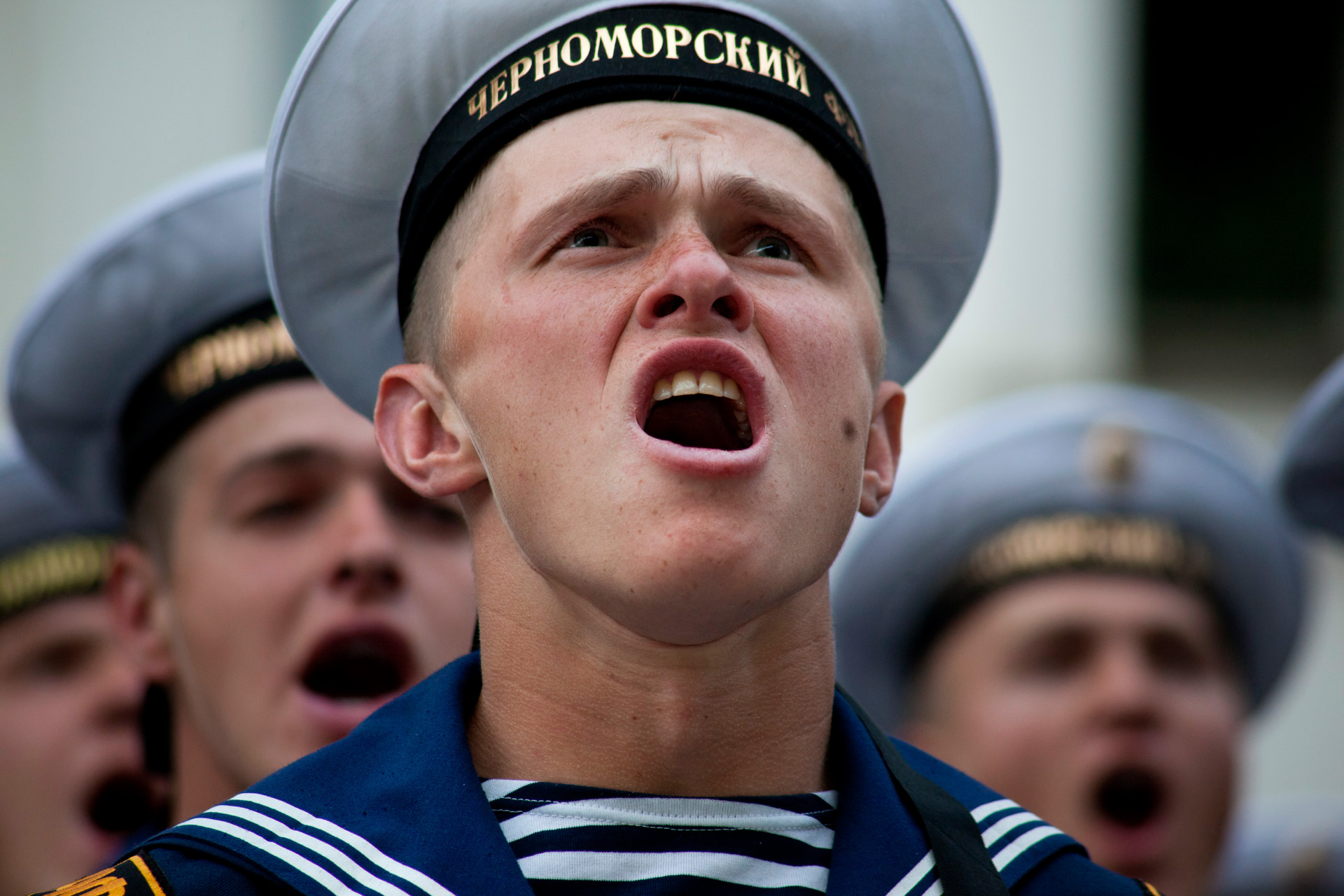  Side by side, Russian and Ukrainian Navy troops rehearse the anthem for the May 9th Victory Day parade, which marks the anniversary of the Soviet Unions victory over Nazi Germany in WWII.  Sevastopol, Crimea  