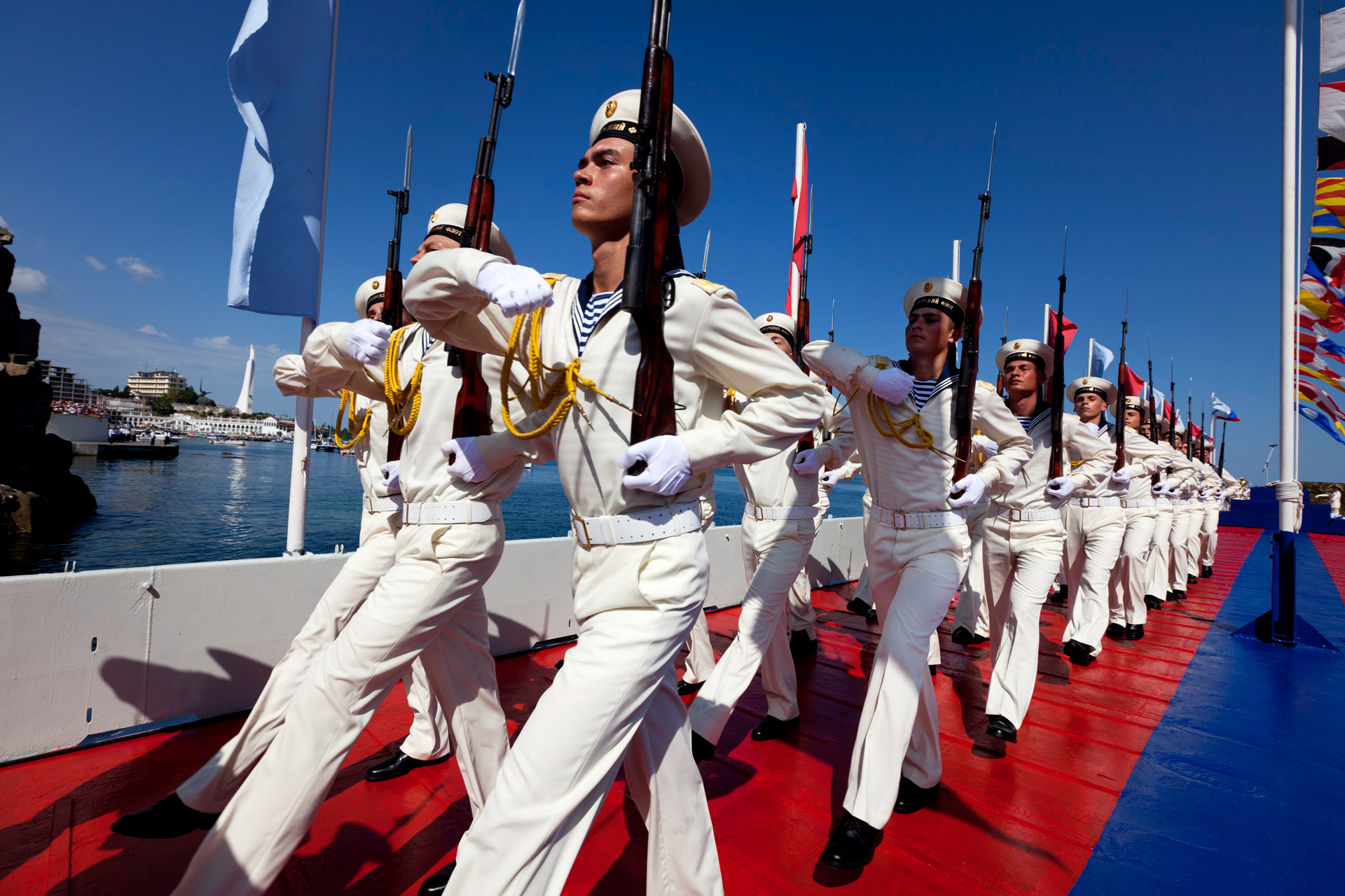  Navy soldiers march in meticulous unison on the Day of the Russian Fleet, one of the largest and most lavish celebrations in Sevastopol.  Sevastopol, Crimea  