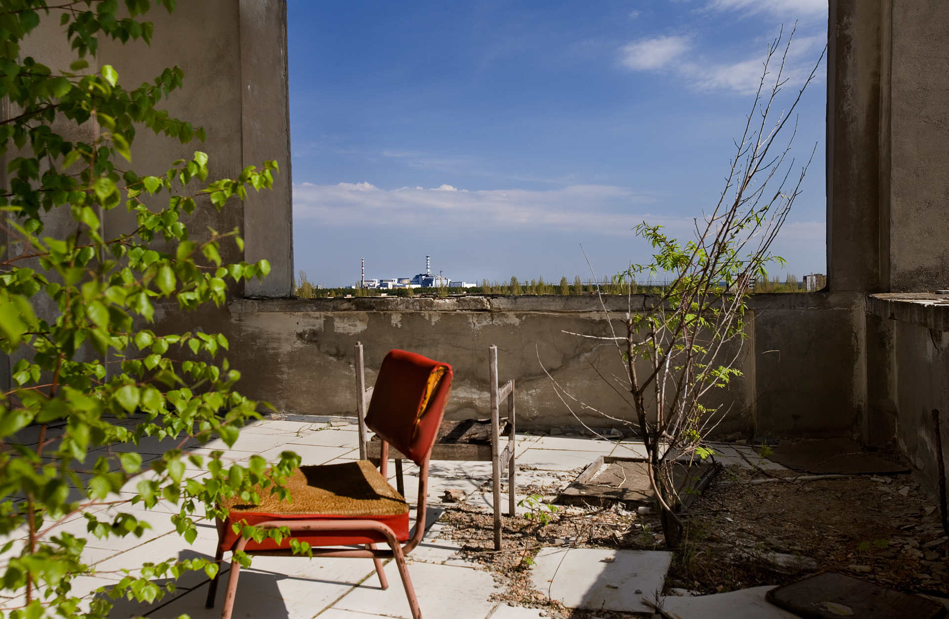  A rooftop view from the former Polissya Hotel in the center of Prypyat shows the proximity of the ill-fated reactor to this former town of 50,000 inhabitants.  Prypyat, Ukraine  