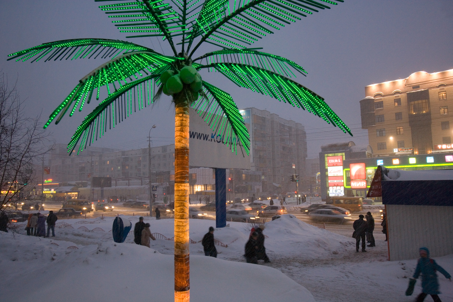  Symbolizing leisure and exotic locales, palm trees are used as a marketing lure by businesses across Siberia.  Surgut, Russia  