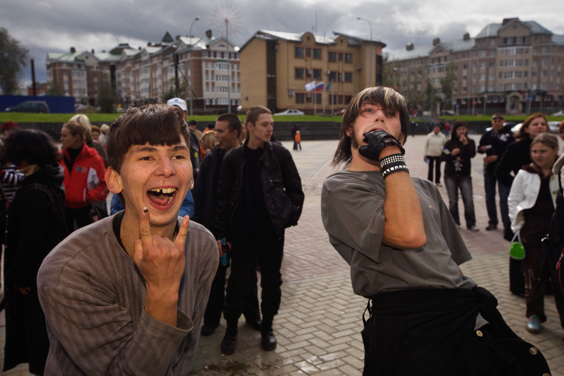  Boisterous teens gather in a square for festivities on City Day, a holiday honoring the metropolis and its citizens.  Khanty-Mansiysk, Russia  