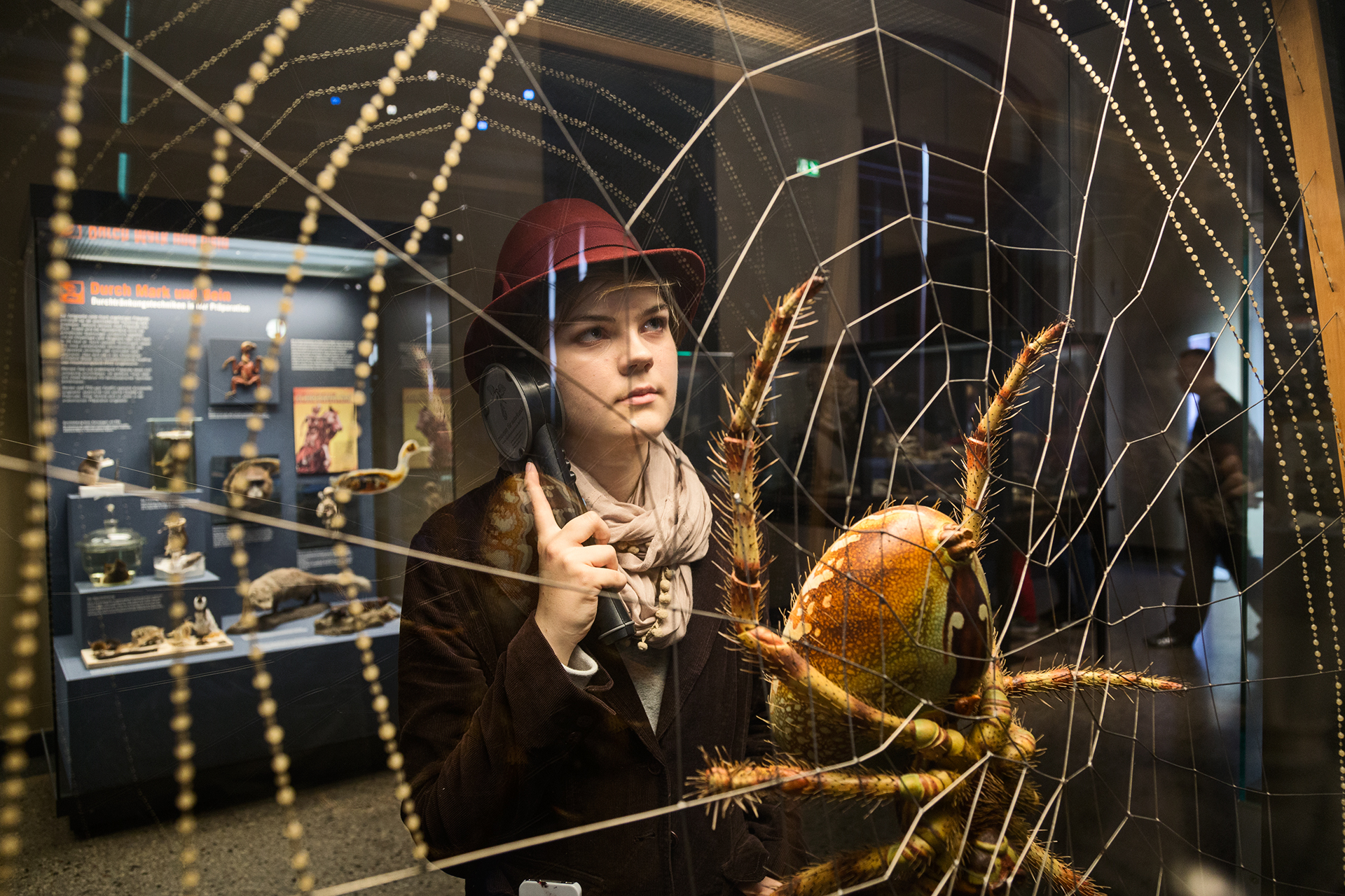  A visitor to the museum looks at an enlarged model of a spider.  Berlin, Germany.  