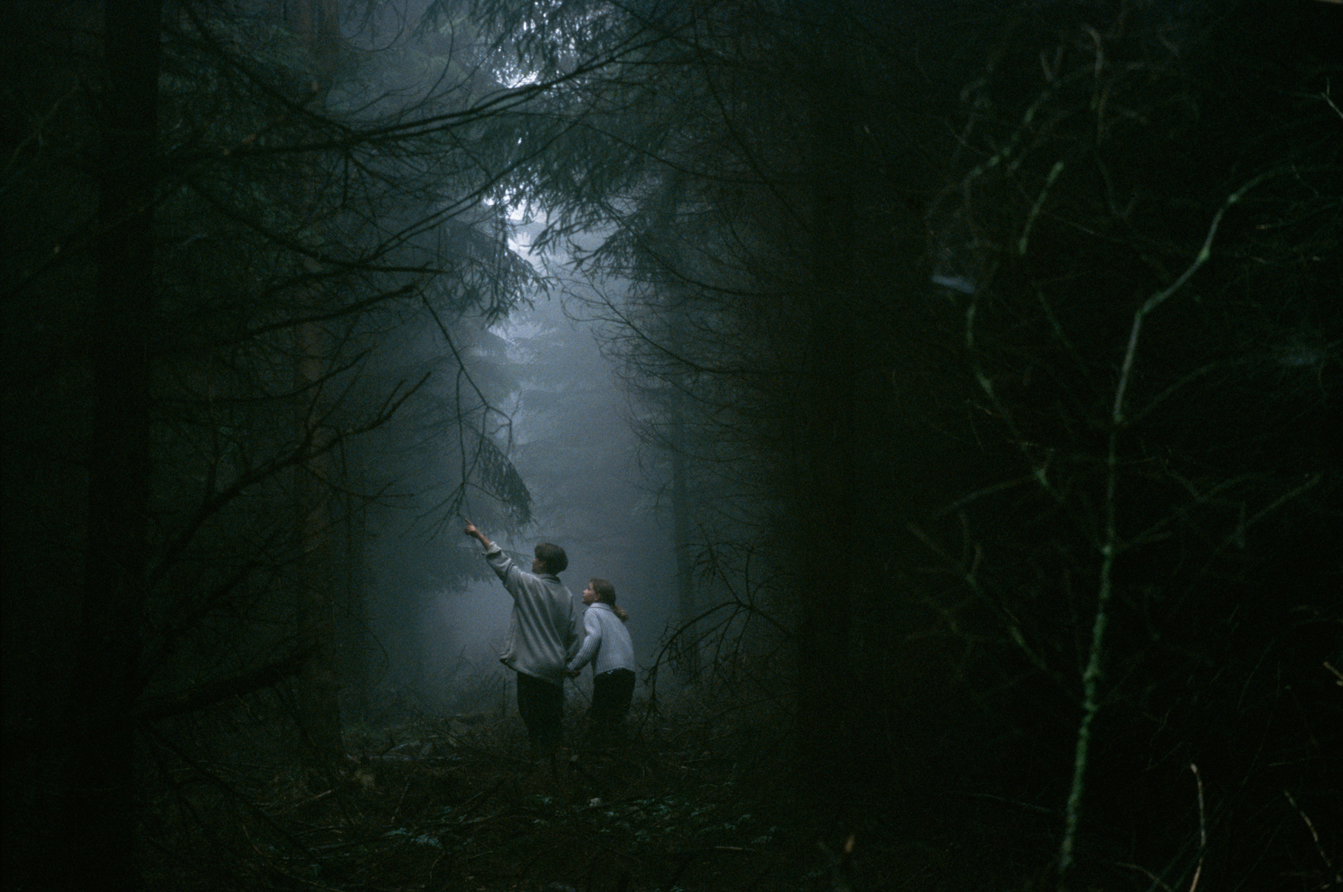  Two youngsters explore the dark forests during a field trip.  Hoher Meisner Mountains, Germany  