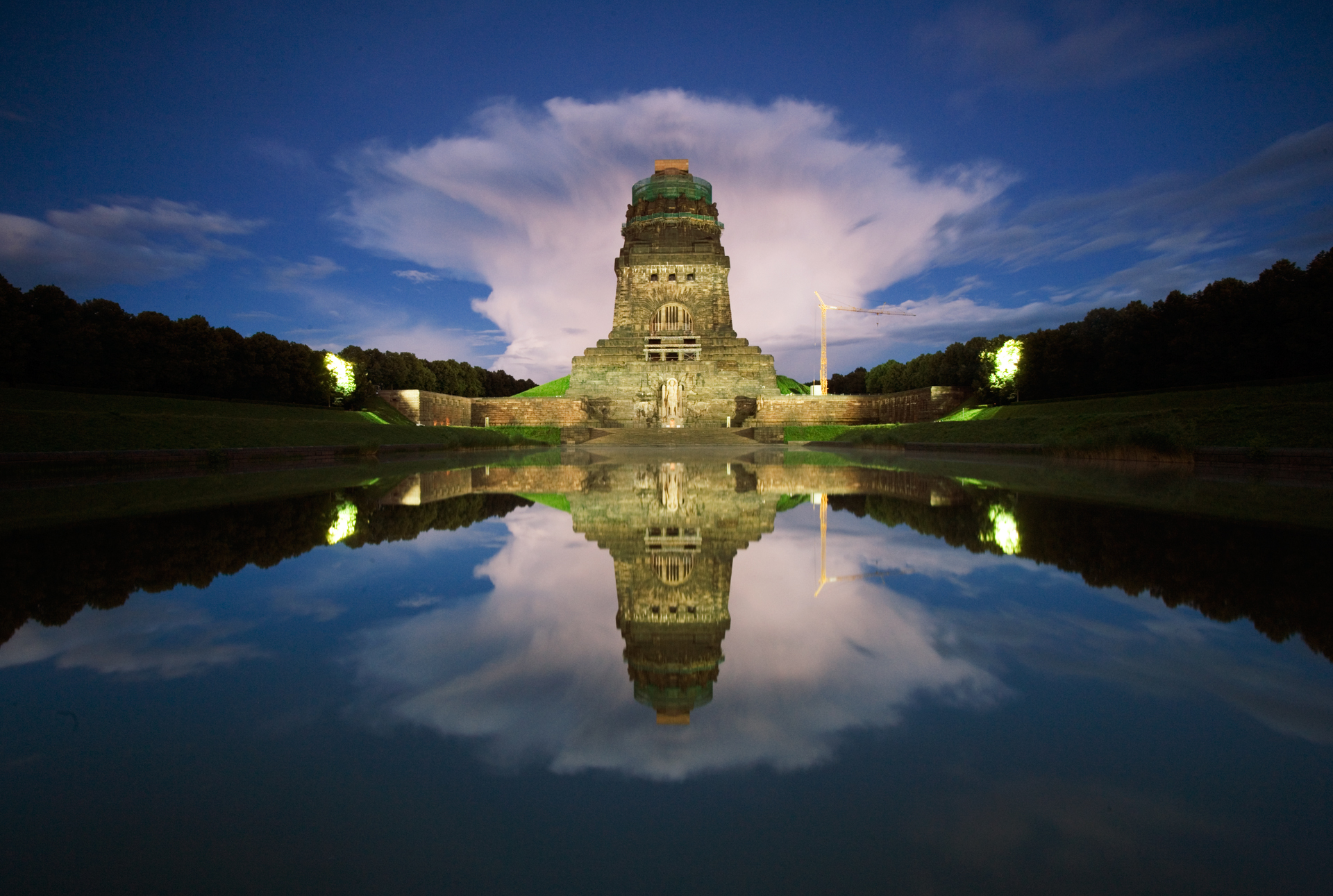  Mirrored in a man-made lake, Leipzig's Völkerschlachtdenkmal memorializes the victory of the allies over Napoleon at the Battle of the Nations in October 1813.  Leipzig, Germany  