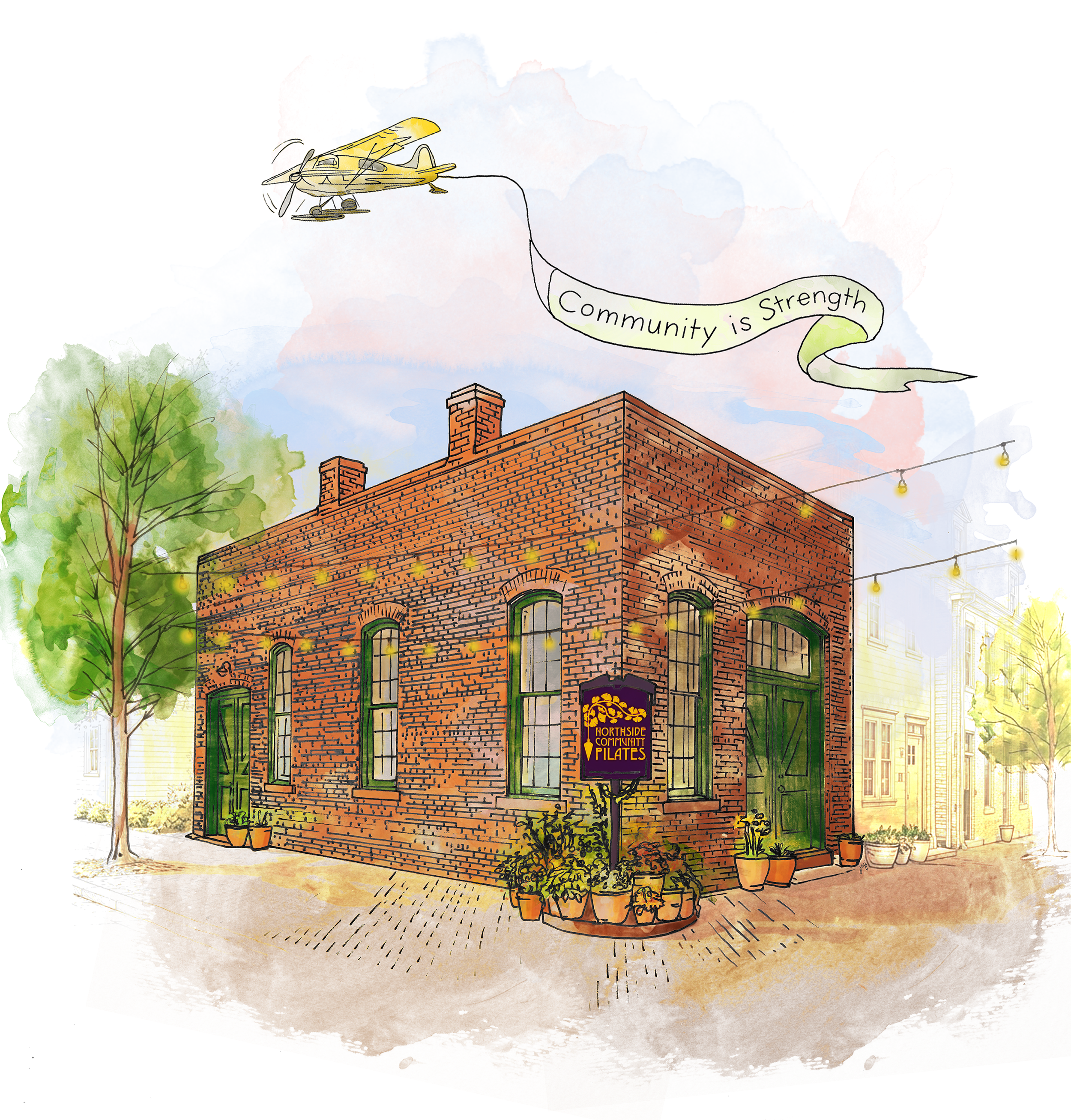 "Community is Strength" Watercolor painting depicting the corner of Middle St. and Suismon St., where Northside Community Pilates is located. Also know as The Blacksmith Studio, and The Schmidtdeil Horseshoeing Company