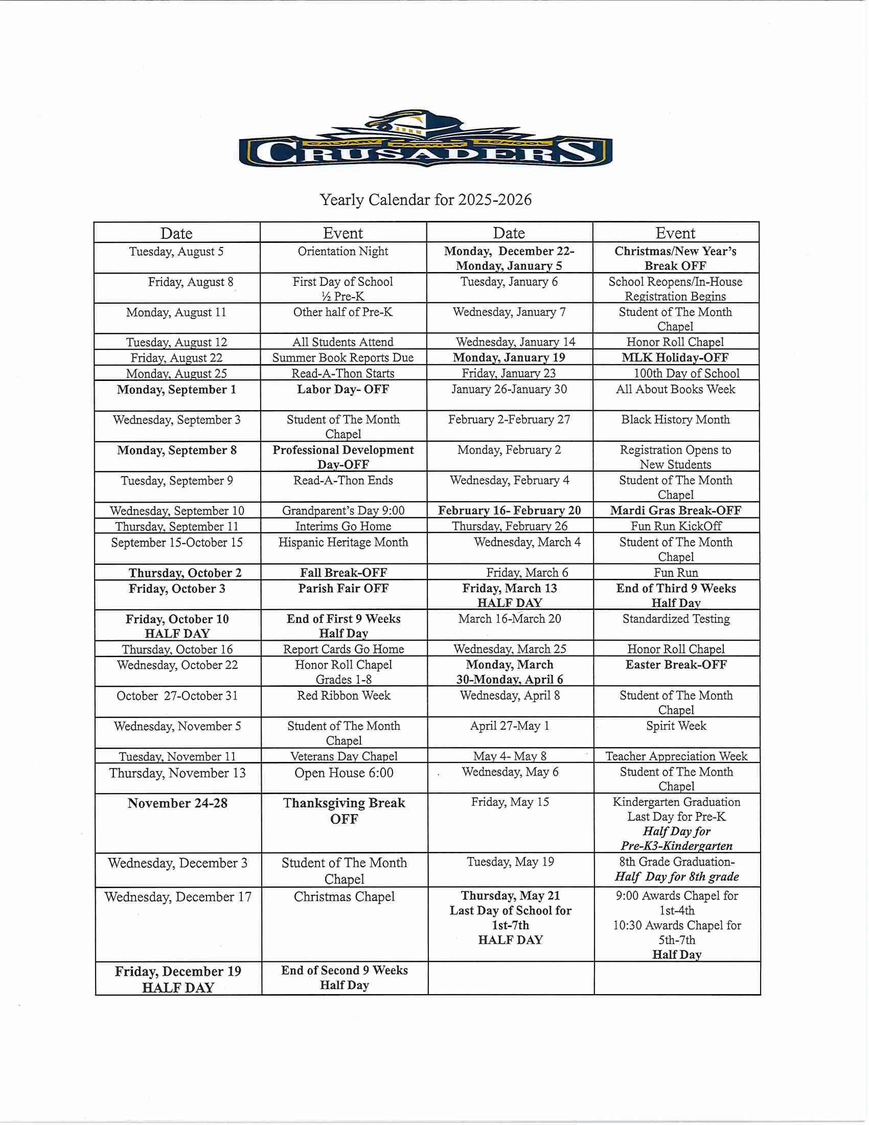 Calendar — Calvary Baptist School