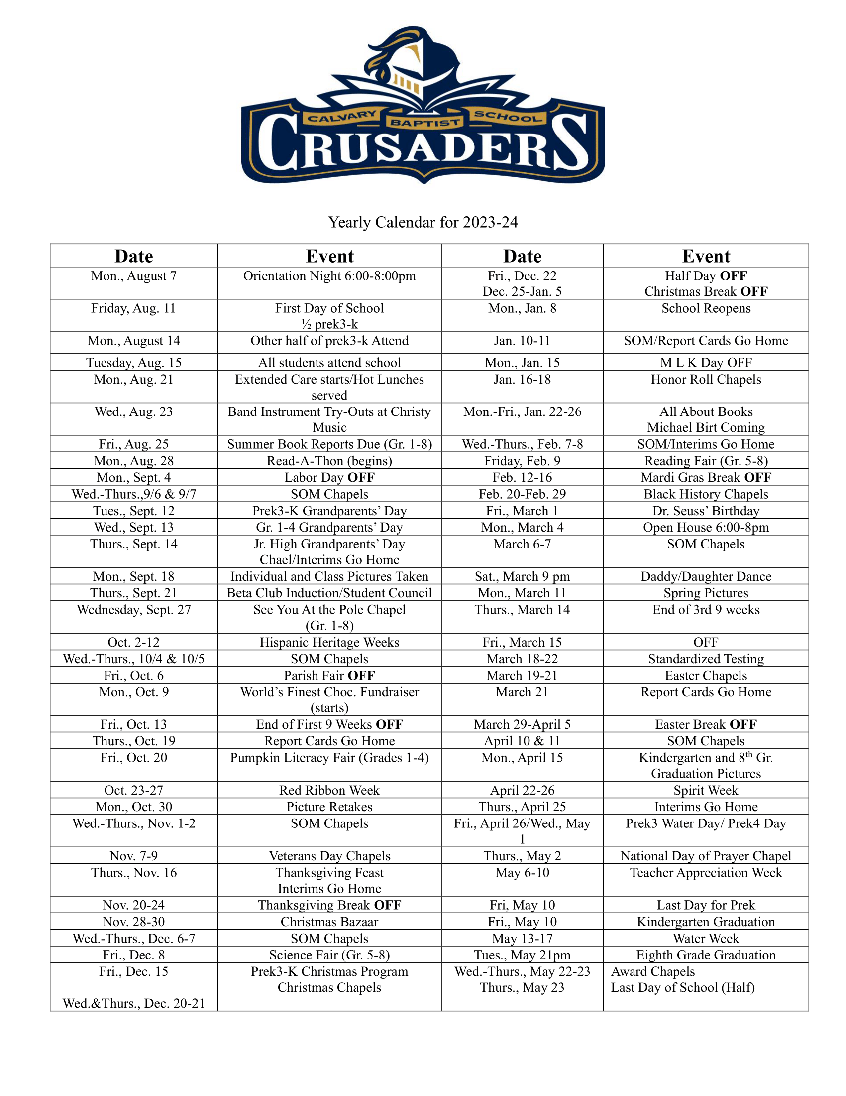 Calendar — Calvary Baptist School