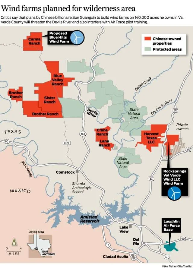 Critics say that plans by Chinese billionaire Sun Guangxin to build wind farms on 140,000 acres he owns in Val Verde County will threaten the Devils River and also interfere with Air Force pilot training. Photo: Michael Fisher/ San Antonio Express-News