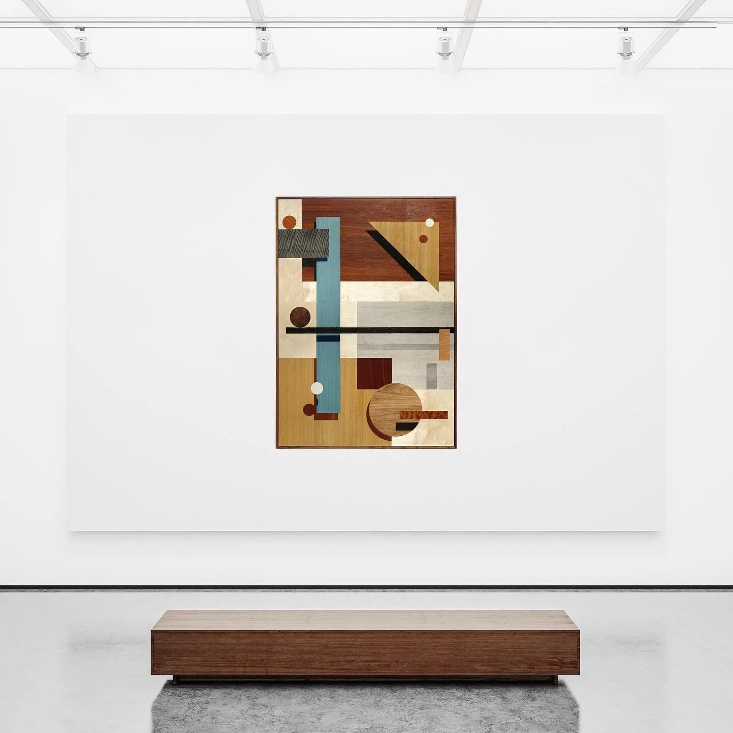 Olly Fathers, Species in Space, 2020, Oak, Jatoba, Dyed Tulip, Dyed Figured Sycamore, Fumed Oak, Birch, Dyed Sycamore, Figured Maple, American Walnut, Moabi, Dyed Birds Eye Maple, Walnut Burr on board with Sold Walnut Frame, 142.3 cm x 102 cm, 56 in 