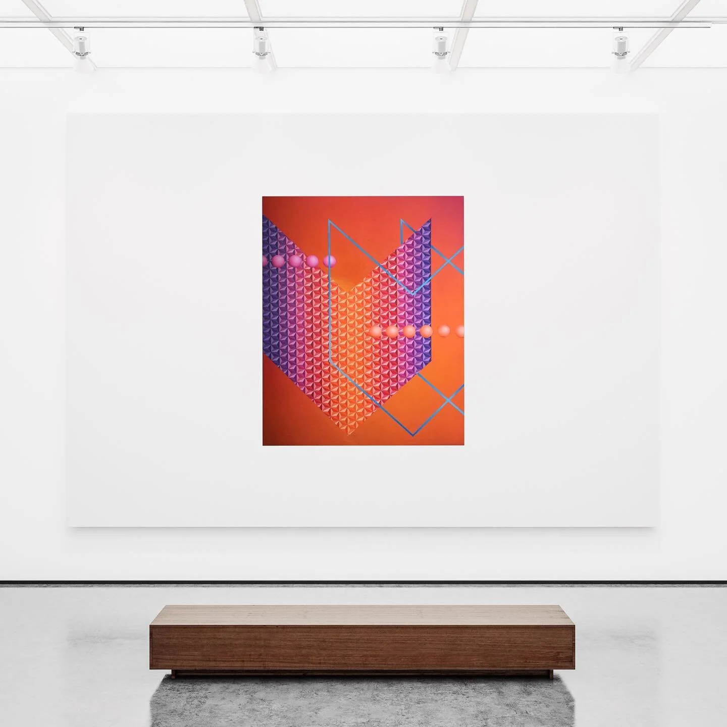 Installation view of Charley Peters&rsquo;
..WYLEI..FIF.., 2019
acrylic and spray paint on canvas
120 cm x 150 cm
48 in x 59 in

Charley&rsquo;s works exist in several different temporal registers, where areas of repeated geometric information slow d