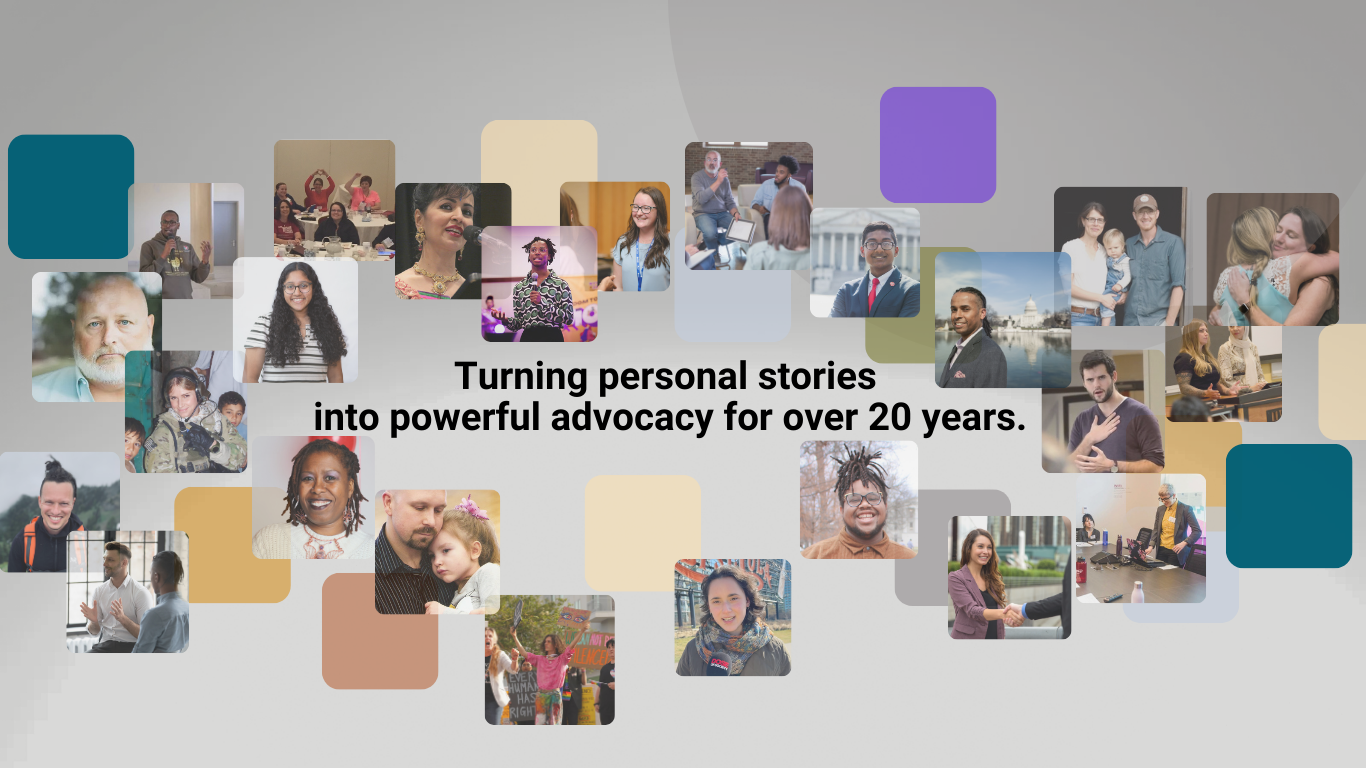 Collage of advocates sharing personal stories from lived experience at Living Proof Advocacy workshops, coaching sessions and speaking events.webp