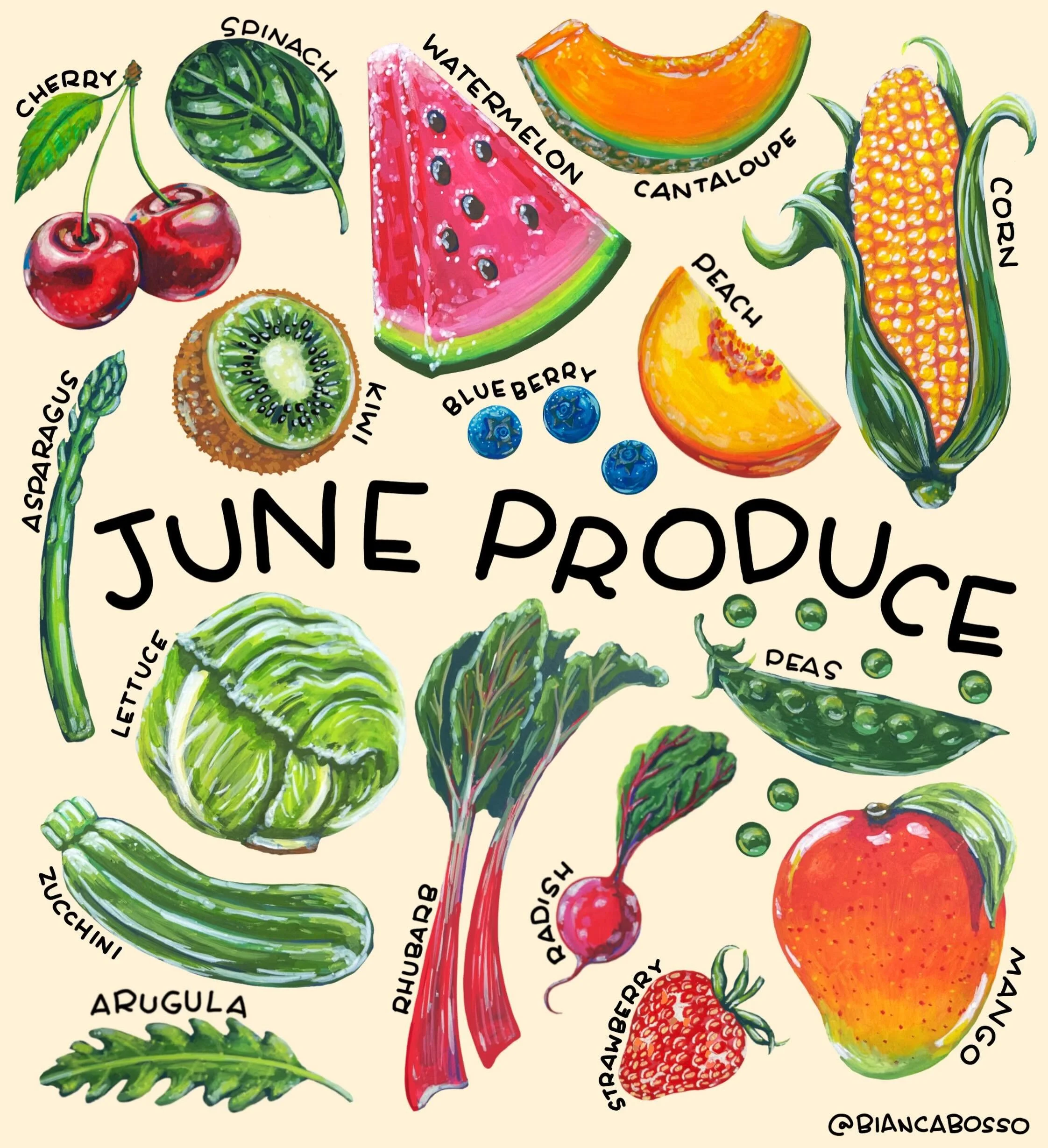 Eat with the season: Here&rsquo;s what fruits and veggies are at their best in June 🍒🌽🍓🥬

I illustrated this lineup of seasonal produce to help you make the most of what&rsquo;s fresh right now in the US.

Here are some recipes I&rsquo;m excited 