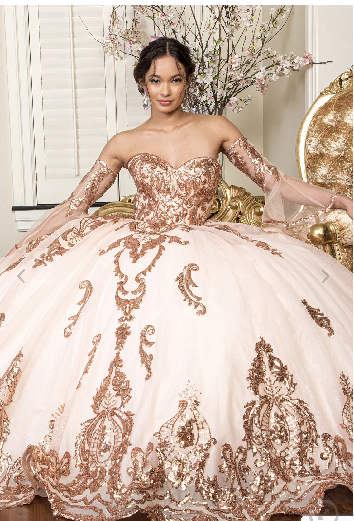 GL1914 Sequin Embellished Glitter Mesh Quinceanera Dress w/ Detached Mesh  Sleeve  Bettyonce's Boutique