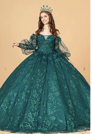 emerald green quince dress with sleeves House of Wu 26054 Royal Train Detachable Sleeve Quince Dress