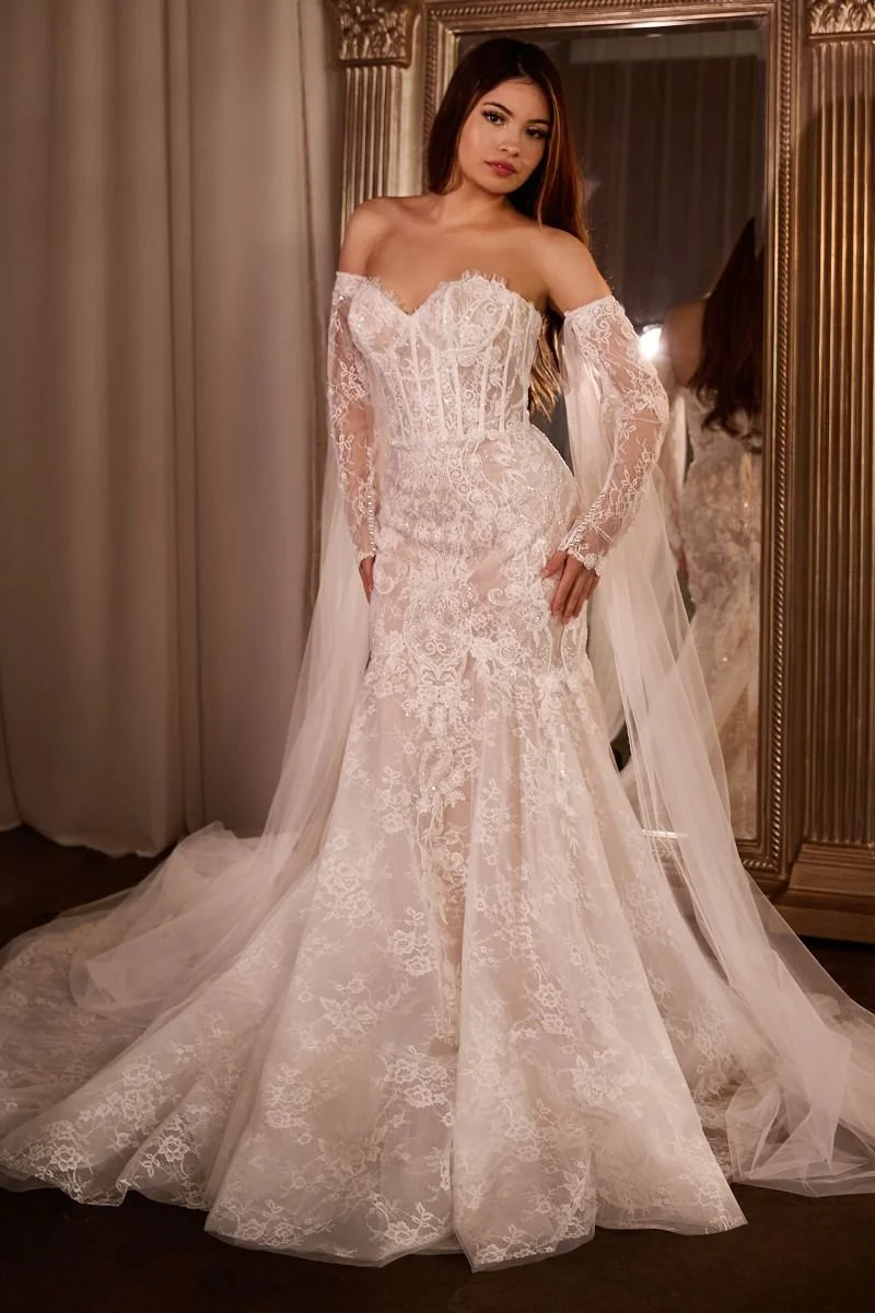 chinese dress ladies Luxury Lace Long Sleeve Mermaid Form Fitting Wedding Dress with Elegant Train Plus Size Size 20W main image 1
