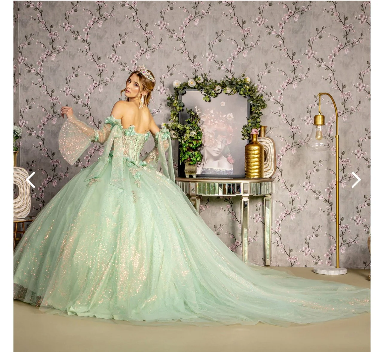 GL3486 GLS by Gloria 3-D Flower Jewel Sheer Bodice Mesh Ball Gown w/ Long  Sleeves  Bettyonce's Boutique