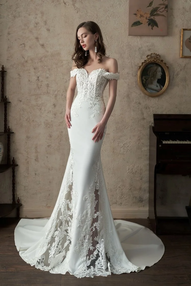 Off Shoulder Wedding Dress Sheer Cut Out Crepe Skirt. SKU: FS3001
