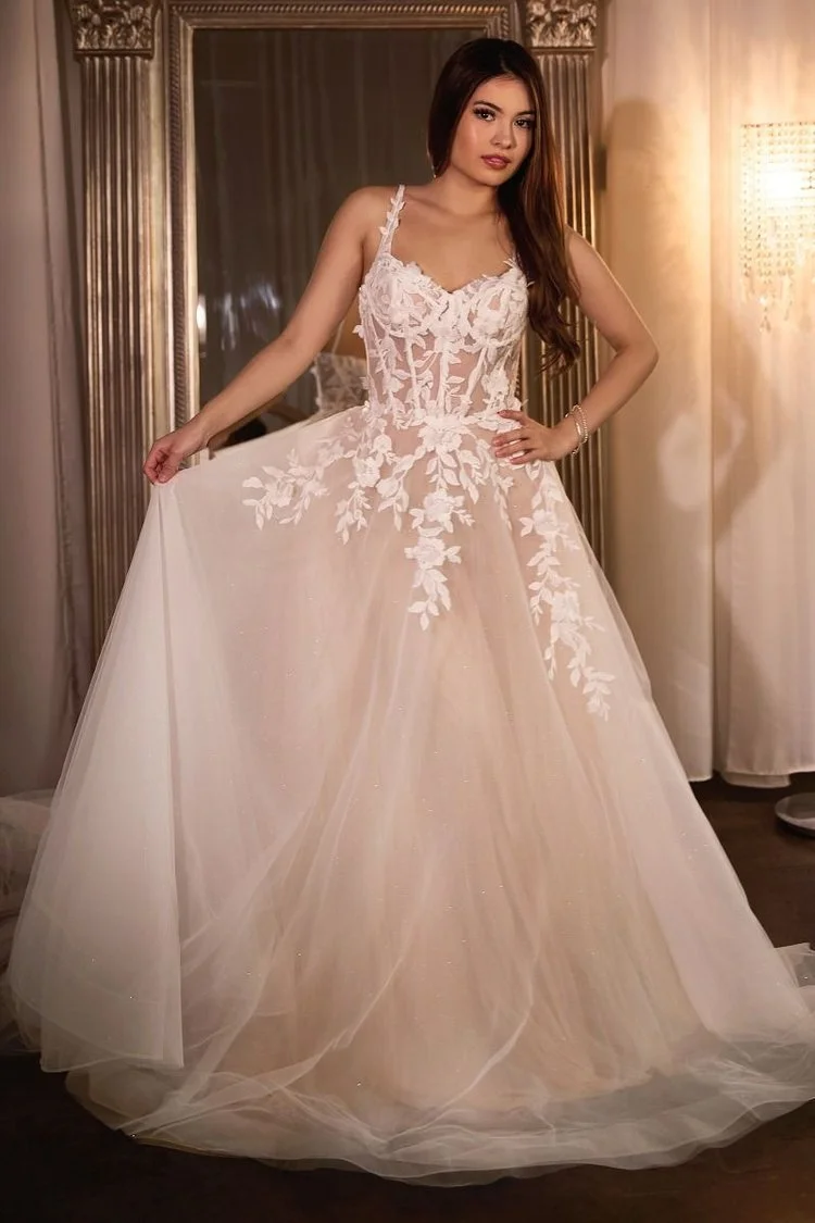 CDS477W LACE A-LINE WEDDING GOWN WITH LAYERED TULLE SKIRT