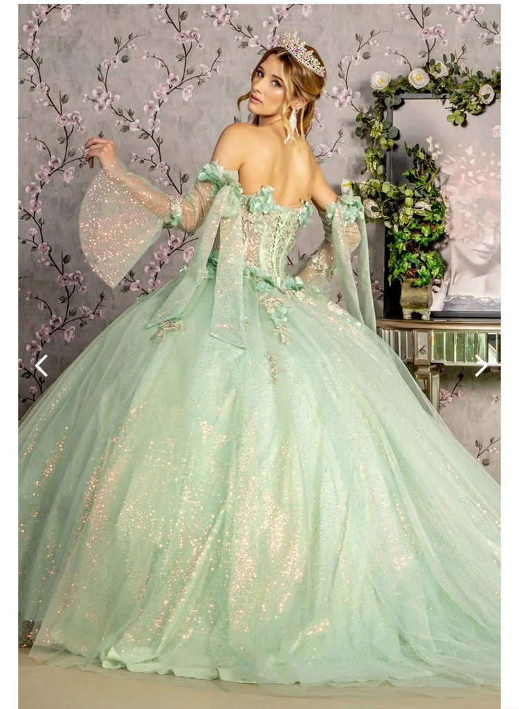 GL3486 GLS by Gloria 3-D Flower Jewel Sheer Bodice Mesh Ball Gown w/ Long Sleeves